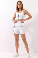 Beyaz Yüksek Bel Çift Katmanlı Mini Etek Tenis Eteği ve Fermuarlı Büstiyer Crop Takım