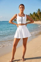 Beyaz Yüksek Bel Çift Katmanlı Mini Etek Tenis Eteği ve Fermuarlı Büstiyer Crop Takım