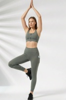 EMFURE Haki Kadın Set Cepli Spor Tayt ve Fermuarlı Büstiyer Takım - Yoga Fitnes - Plates Seti