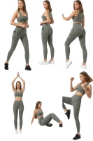 EMFURE Haki Kadın Set Cepli Spor Tayt ve Fermuarlı Büstiyer Takım - Yoga Fitnes - Plates Seti