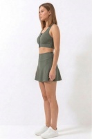 EMFURE Haki Yüksek Bel Çift Katmanlı Mini Etek Tenis Eteği ve Fermuarlı Büstiyer Crop Takım