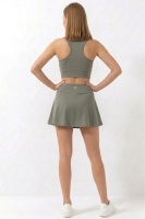 EMFURE Haki Yüksek Bel Çift Katmanlı Mini Etek Tenis Eteği ve Fermuarlı Büstiyer Crop Takım