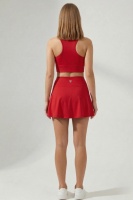 EMFURE Kırmızı Yüksek Bel Çift Katmanlı Mini Etek Tenis Eteği ve Fermuarlı Büstiyer Crop Takım