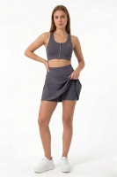 Füme Yüksek Bel Çift Katmanlı Mini Etek Tenis Eteği ve Fermuarlı Büstiyer Crop Takım
