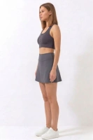 Füme Yüksek Bel Çift Katmanlı Mini Etek Tenis Eteği ve Fermuarlı Büstiyer Crop Takım
