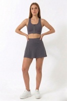 Füme Yüksek Bel Çift Katmanlı Mini Etek Tenis Eteği ve Fermuarlı Büstiyer Crop Takım