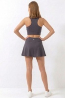 Füme Yüksek Bel Çift Katmanlı Mini Etek Tenis Eteği ve Fermuarlı Büstiyer Crop Takım