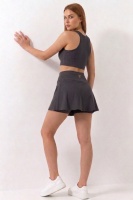 Füme Yüksek Bel Çift Katmanlı Mini Etek Tenis Eteği ve Fermuarlı Büstiyer Crop Takım