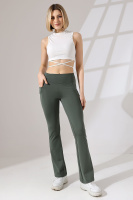 Haki Kadın Yüksek Bel Toparlayıcı Çift Cepli Ispanyol Paça Spor Tayt Bootcut Leggings