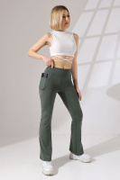 Haki Kadın Yüksek Bel Toparlayıcı Çift Cepli Ispanyol Paça Spor Tayt Bootcut Leggings