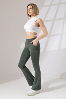 Haki Kadın Yüksek Bel Toparlayıcı Çift Cepli Ispanyol Paça Spor Tayt Bootcut Leggings