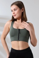 Haki Pedli Fermuarlı Spor Büstiyer - Sports Bra / Crop Destekli Spor Sütyeni
