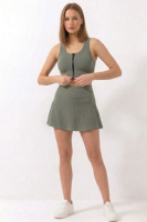 Haki Yüksek Bel Çift Katmanlı Mini Etek Tenis Eteği ve Fermuarlı Büstiyer Crop Takım