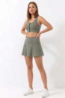 Haki Yüksek Bel Çift Katmanlı Mini Etek Tenis Eteği ve Fermuarlı Büstiyer Crop Takım
