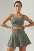 Haki Yüksek Bel Tenis ve Yoga Eteği - Çift Katmanlı Esnek Şortlu Mini Spor Etek
