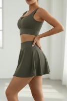 Haki Yüksek Bel Tenis ve Yoga Eteği - Çift Katmanlı Esnek Şortlu Mini Spor Etek