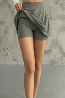 Haki Yüksek Bel Tenis ve Yoga Eteği - Çift Katmanlı Esnek Şortlu Mini Spor Etek