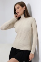 Kadın Ekru Basic Balıkçı Yaka Triko Kazak