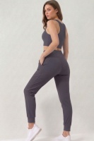 Kadın Füme Çift Cepli Yüksek Bel Jogger Eşofman Altı ve Fermuarlı Büstiyer Crop Alt Üst Takım