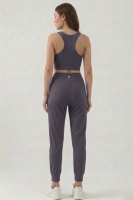 Kadın Füme Çift Cepli Yüksek Bel Jogger Eşofman Altı ve Fermuarlı Büstiyer Crop Alt Üst Takım