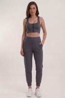 Kadın Füme Çift Cepli Yüksek Bel Jogger Eşofman Altı ve Fermuarlı Büstiyer Crop Alt Üst Takım