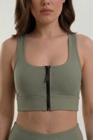 Kadın Haki Çift Cepli Yüksek Bel Jogger Eşofman Altı ve Fermuarlı Büstiyer Crop Alt Üst Takım