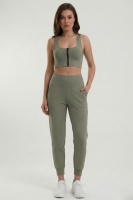 Kadın Haki Çift Cepli Yüksek Bel Jogger Eşofman Altı ve Fermuarlı Büstiyer Crop Alt Üst Takım