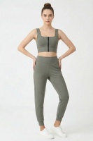 Kadın Haki Çift Cepli Yüksek Bel Lastikli Rahat Kesim Jogger Eşofman Altı