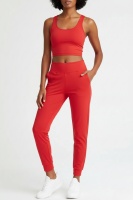 Kadın Kırmızı Çift Cepli Yüksek Bel Lastikli Rahat Kesim Jogger Eşofman Altı