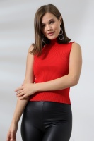 Kadın Kırmızı Yarım Balıkçı Yaka Kolsuz İnce Triko Kazak