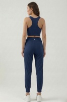 Kadın Lacivert Çift Cepli Yüksek Bel Jogger Eşofman Altı ve Fermuarlı Büstiyer Crop Alt Üst Takım