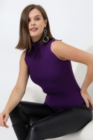 Kadın Mor Yarım Balıkçı Yaka Kolsuz İnce Triko Kazak