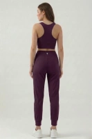 Kadın Mürdüm Çift Cepli Yüksek Bel Jogger Eşofman Altı ve Fermuarlı Büstiyer Crop Alt Üst Takım