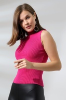 Kadın Pembe Yarım Balıkçı Yaka Kolsuz İnce Triko Kazak