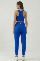 Kadın Saks Çift Cepli Yüksek Bel Jogger Eşofman Altı ve Fermuarlı Büstiyer Crop Alt Üst Takım