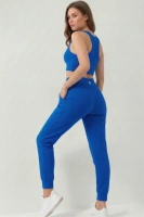 Kadın Saks Çift Cepli Yüksek Bel Jogger Eşofman Altı ve Fermuarlı Büstiyer Crop Alt Üst Takım