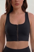 Kadın Siyah Çift Cepli Yüksek Bel Jogger Eşofman Altı ve Fermuarlı Büstiyer Crop Alt Üst Takım