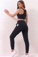 Kadın Siyah Çift Cepli Yüksek Bel Jogger Eşofman Altı ve Fermuarlı Büstiyer Crop Alt Üst Takım