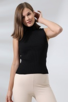 Kadın Siyah Yarım Balıkçı Yaka Kolsuz İnce Triko Kazak