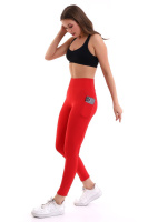 Kırmızı Kadın Spor Tayt Çift Cepli Sıkılaştırıcı Toparlayıcı Sporcu Taytı Leggings
