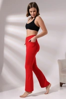 Kırmızı Kadın Yüksek Bel Toparlayıcı Çift Cepli Ispanyol Paça Spor Tayt Bootcut Leggings