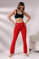 Kırmızı Kadın Yüksek Bel Toparlayıcı Çift Cepli Ispanyol Paça Spor Tayt Bootcut Leggings