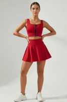 Kırmızı Yüksek Bel Çift Katmanlı Mini Etek Tenis Eteği ve Fermuarlı Büstiyer Crop Takım