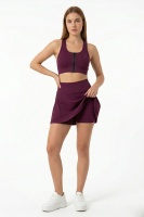 Mürdüm Yüksek Bel Çift Katmanlı Mini Etek Tenis Eteği ve Fermuarlı Büstiyer Crop Takım