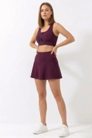 Mürdüm Yüksek Bel Çift Katmanlı Mini Etek Tenis Eteği ve Fermuarlı Büstiyer Crop Takım