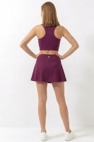 Mürdüm Yüksek Bel Çift Katmanlı Mini Etek Tenis Eteği ve Fermuarlı Büstiyer Crop Takım