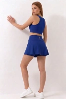 Saks Yüksek Bel Çift Katmanlı Mini Etek Tenis Eteği ve Fermuarlı Büstiyer Crop Takım