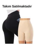 Siyah Kadın Set Cepli Spor Tayt Ve Bej Silikonlu Boxer Korse Takım - Yoga Fitnes - Plates - Toparlayıcı Leggings