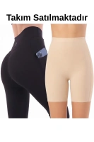 Siyah Kadın Set Cepli Spor Tayt Ve Bej Silikonlu Boxer Korse Takım - Yoga Fitnes - Plates - Toparlayıcı Leggings