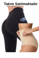 Siyah Kadın Set Cepli Spor Tayt Ve Bej Silikonlu Lazer Slip Takım - Yoga Fitnes - Plates - Toparlayıcı Leggings